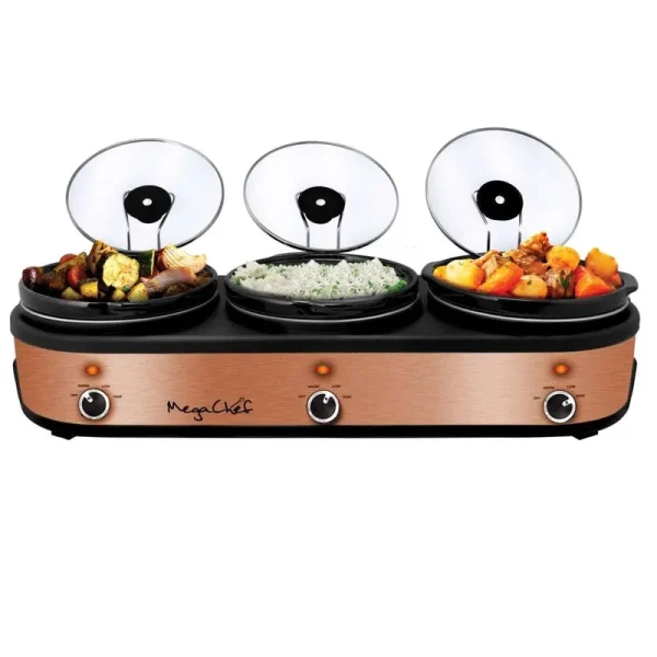MegaChef 2.5 Qt. Triple Slow Cooker & Buffet Server in Brushed Copper & Black Finish with 3 Ceramic Cooking Pots & Removable Lid Rests