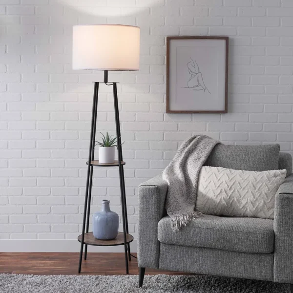 Mainstays Etagere Matte Black Floor Lamp, with 2 Wood Shelves, Brown