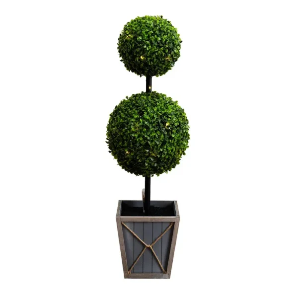 Nearly Natural 3ft. UV Resistant Artificial Double Ball Boxwood Topiary with LED Lights in Decorative Planter (Indoor/Outdoor), Green