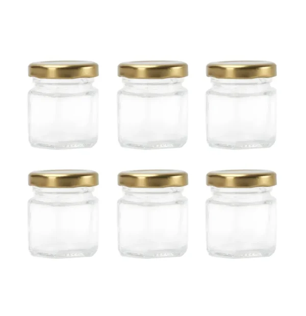 Rormket 1.5oz 6Pack Mini Glass Hexagon Honey Jars Gold Lids, Jam Honey Dipper,Wedding Favors,Baby Food,Candle,Crafts Canning Jar,Glasses Jar (Golden)