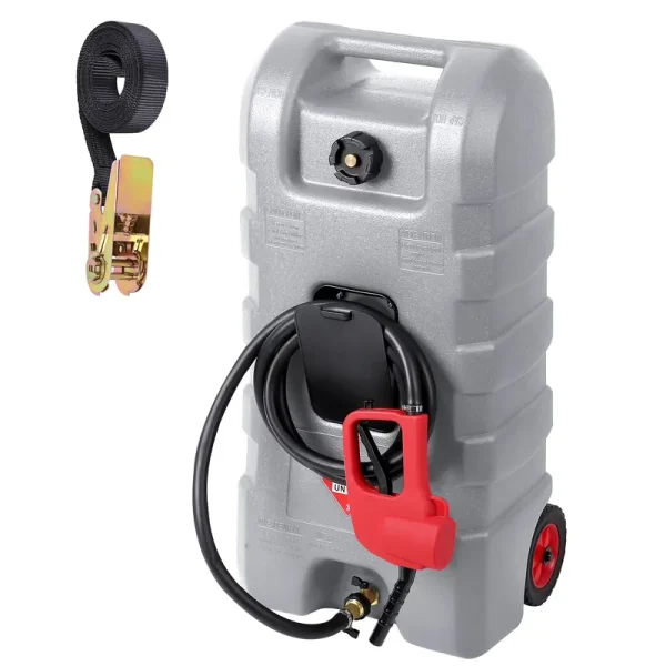 15 Gallon Fuel Caddy, Portable Gas Fuel Tank Container with LE Fluid Transfer Siphon Pump and 10ft. Delivery Hose, Diesel Storage Can on - Wheels for Cars, Lawn Mowers, Atvs, Boats, Gray