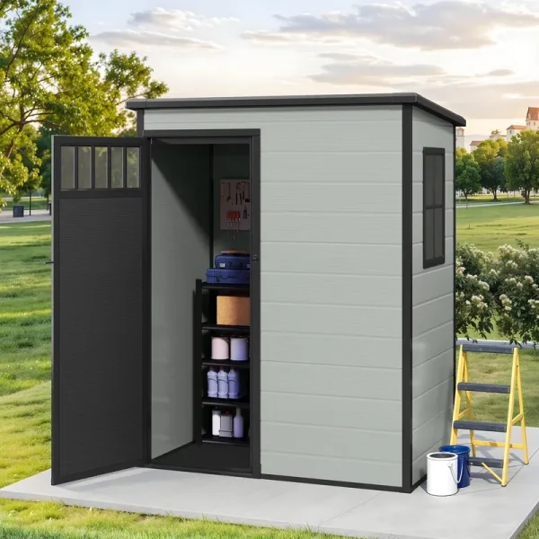 Modfusion 4.62.66.3 Ft Resin Storage Shed with Window, Floor, Plastic Roof, Storage Cabinets for Brooms Vacuum Cleaners Fits 65 to 68 in, Winter Gear Box, Black
