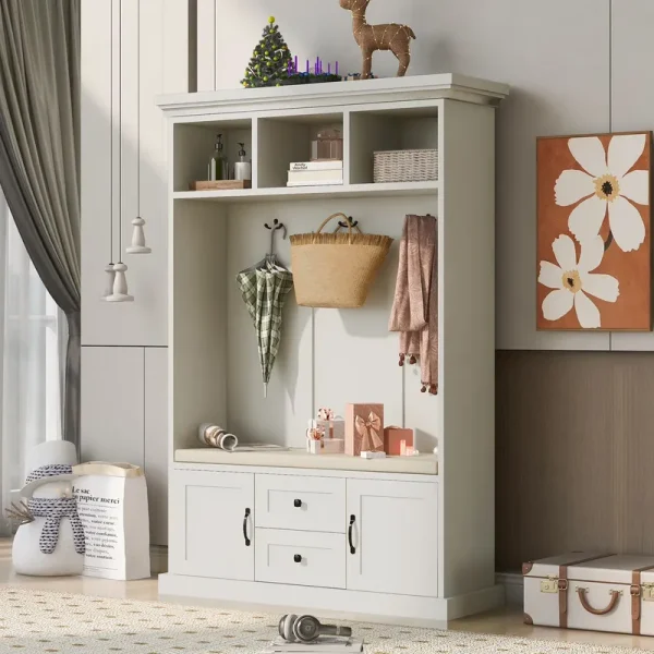 Hall Tree with Upholstered Bench and Coat Rack, Entryway Bench with 3 Hooks, 3 Open Shelves, 2 Drawers & Storage Cabinets, Mudroom Bench with Storage and Hooks for Foyer, Entry Way, Hallway (Beige)