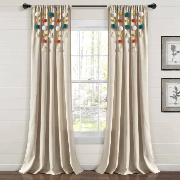 Lush Decor Boho Pom Pom Tassel Linen Window Curtain Panel Turquoise/Orange Single 52x84