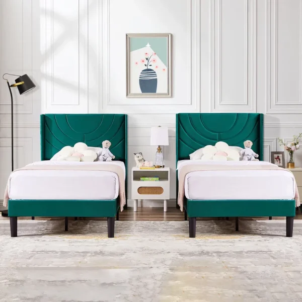 VECELO Set of 2 Twin Bed Frames, Modern Upholstered Platform Bed Frame with Tufted Headboard, No Box Spring Needed, Dark Green