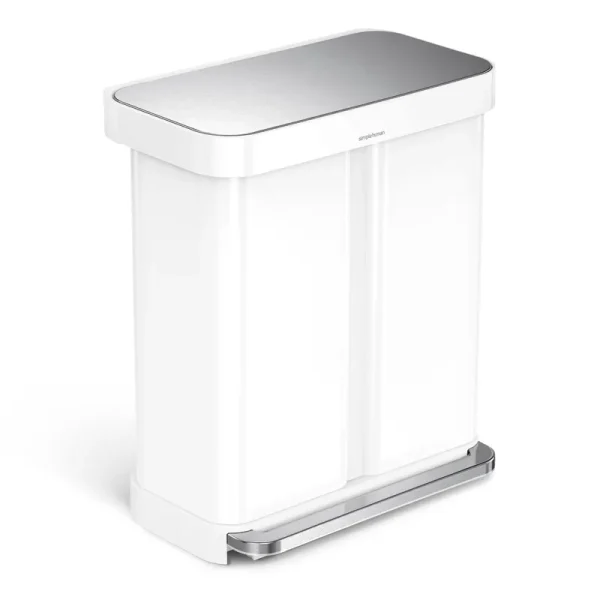 simplehuman 58L Dual Compartment Rectangular Step Trash Can in White Steel