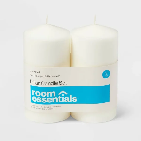 2pk 3" x 6" Unscented Pillar Candles White - Room Essentials