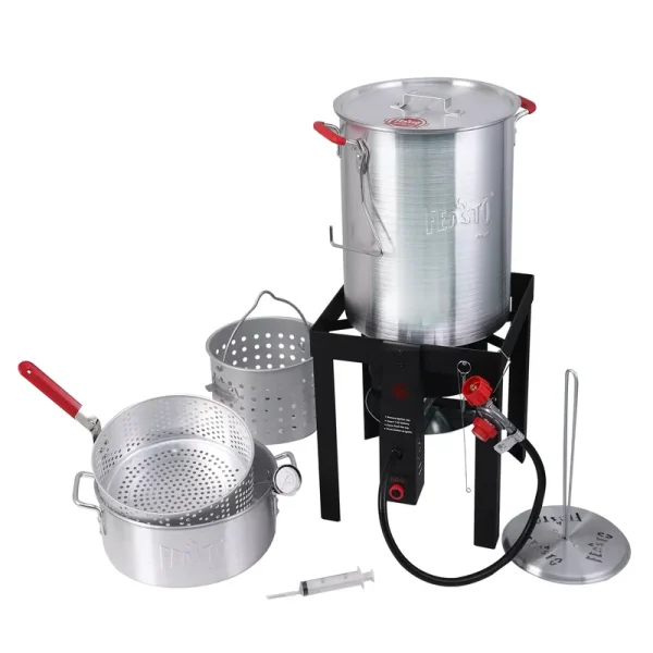 FEASTO Turkey Fryer and Fish Boiler Set with 30 Qt and 10 Qt Aluminum Pots Set, Auto Ignition, 55000BTU Propane Burner for Outdoor Cooking