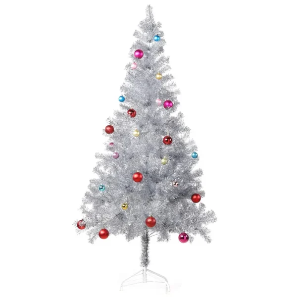 Wellwood 6 ft Silver Tinsel Christmas Tree with 24ct Assorted Ornament Set and Metal Stand Easy Assembly