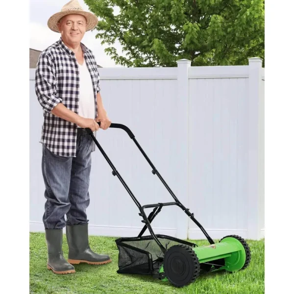 NiamVelo 2 Wheels Push Lawn Mower 15-inch Adjustable Cutting/ Handle Height Walk-Behind Lawn Mowers with Grass Catcher, Green