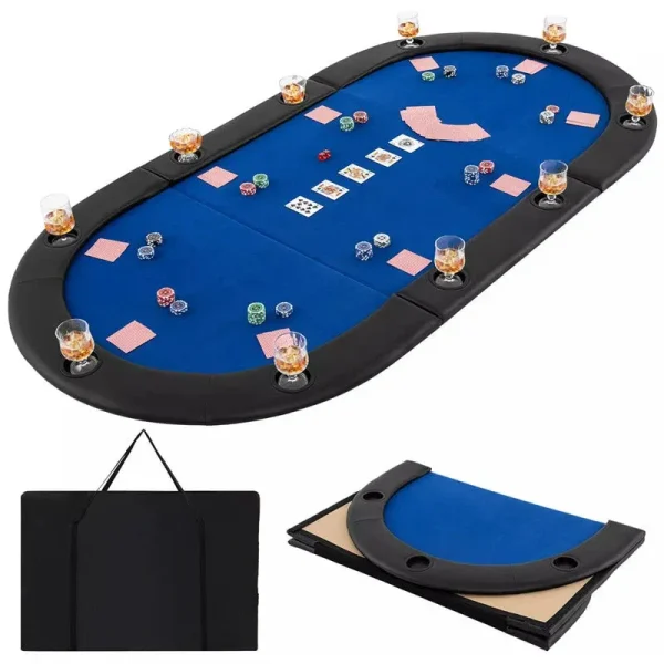 82" x 42" 10-Player Triple-Fold Poker Table Top, Portable Padded Oval Poker Card Table Topper w/ Carrying Bag & Cup Holders, Folding Casino Mat