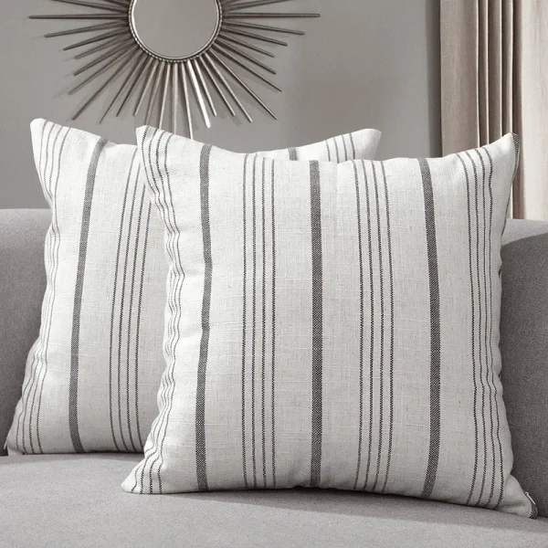 Sunlit Decorative Farmhouse Throw Pillow Case, Set of 2 Cream/Off-White with Gray Stripes Modern Accent Square Pillow Cover, 24" x 24", Textured