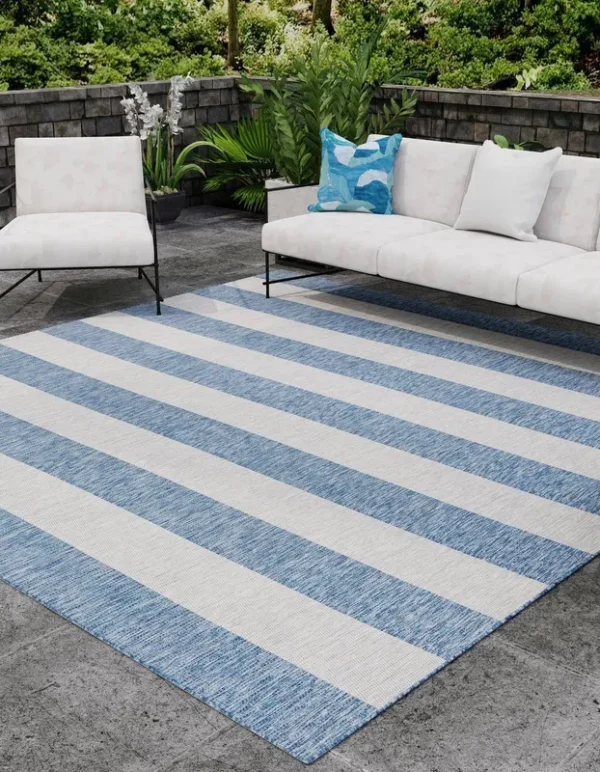 Outdoor Striped 5 ft Square Blue Area Rug Indoor Outdoor Rug