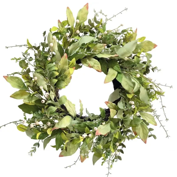 Sasuka 22" Spring Green Wreath for Front Door, Artificial Handcraft Greenery Wreaths,Branches with White Berry,Summer Wreath for Festival Wall