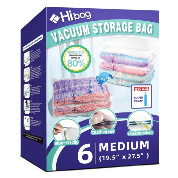 Hibag 6 Pack Vacuum Storage Bags for Clothes, Clothes Vacuum Bags Save 80% Space, Work with Vacuum Cleaner, Travel Hand Pump Included