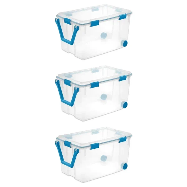 Sterilite 120-Qt Clear Plastic Wheeled Storage Bin w/ Gasket Latch Lid, 3 Pack