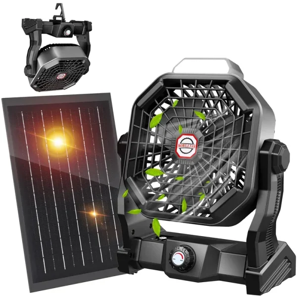 10400mAh Solar Fan, Camping Fan with Solar Panel, 7W Rechargeable Solar Powered Fan for Outside, LED Lantern, Stepless Speed and Quiet Battery