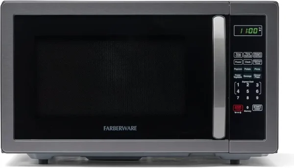 Farberware Stainless Steel Countertop Microwave Oven with Child Lock, 1.1 cu ft Black Stainless