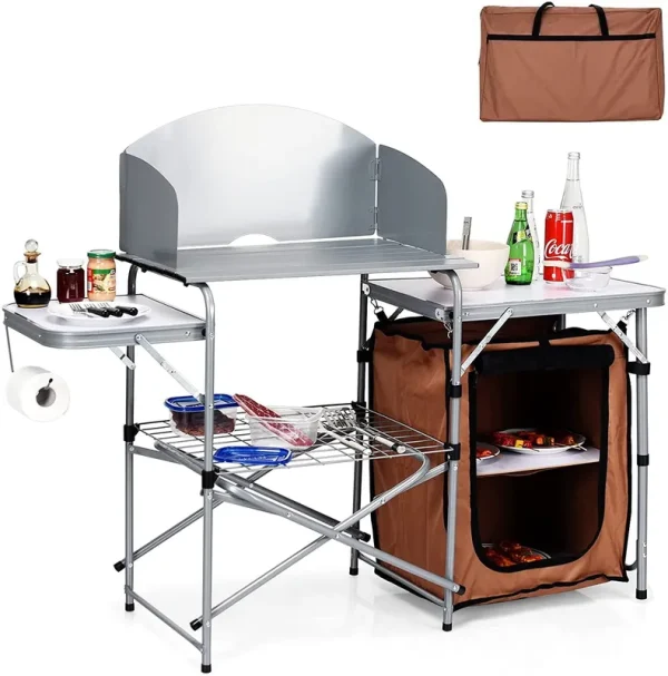 Grill Table with 26'' Tabletop and Detachable Windscreen. Aluminum Portable Camp Cook Station Carry Bag Quick Set-up. BBQ Camping Picnic Backyard Outdoor Camping Kitchen Table (Brown)
