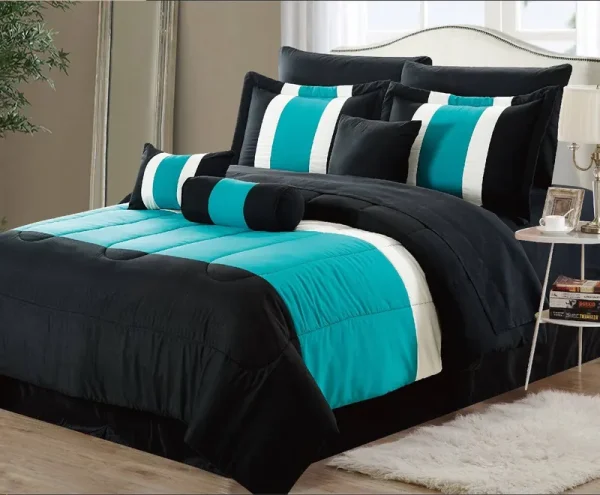 Empire 8-Piece Oversized Teal Blue & Black Comforter Set Bedding with Sheet Set (Queen)