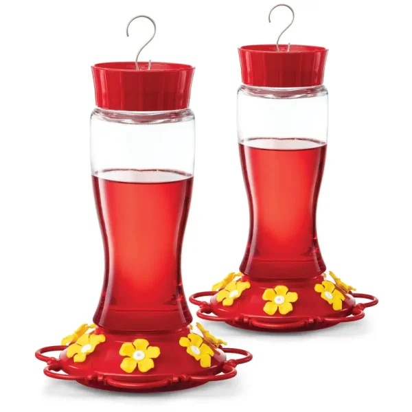Hummingbird Feeder 30 oz [Set of 2] Glass Hummingbird Feeders for Outdoors - with Built-In Ant Guard - Circular Perch with 7 Feeding Ports - Wide