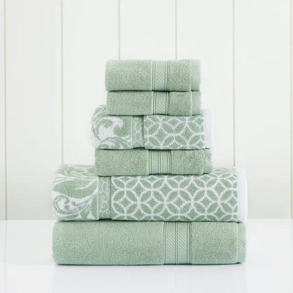 Pacific Coast Textiles Trefoil Filigree 6-Piece Cotton Adult Bath Towel Set, Sage