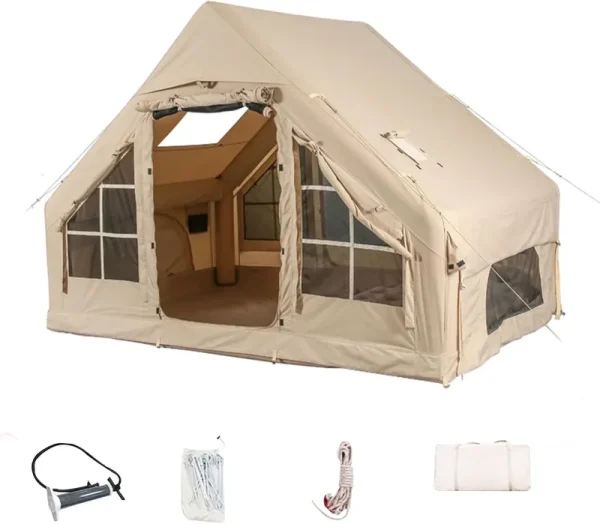 Inflatable Camping Tents with Hand Pump, Air Glamping Tents, Easy Setupwaterproofand Windproof Blow up Tent, 4 Seasons Oxford Cabin Tent with Esh &Chimneywindow