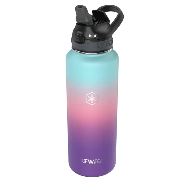 Icewater - 40 oz Insulated Water Bottle with Auto Straw Lid and Carry Handle, Leakproof Lockable Lid with Soft Silicone Spout, One-Hand Operation,