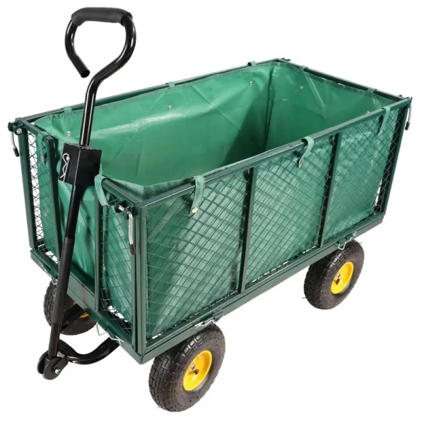 Gzxs Heavy Duty 880 lb Capacity Mesh Steel Garden Cart, Folding Utility Wagon with Removable Sides, Cart Liner, Storage Basket and 10" Large Wheels (Green)