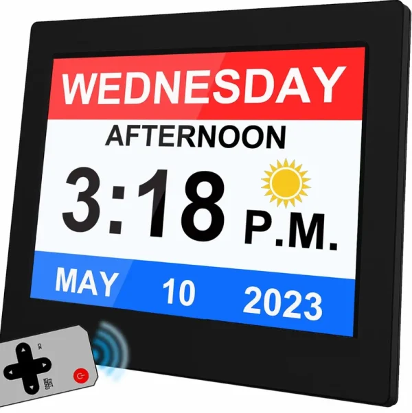 [2024 Newest] 19 Alarms Dementia Clock 8 inch Large with Remote Control, 5 Levels Auto Dimmable, Non-Abbreviated Date and Day Clock with Calendar