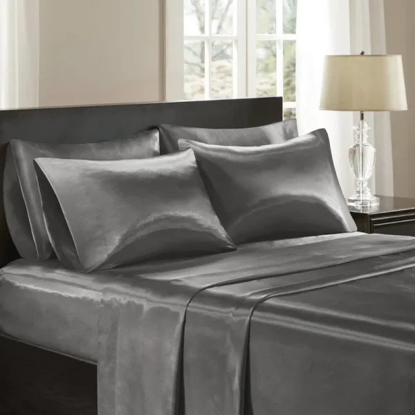 Madison Park Essentials - Satin Wrinkle-Free Luxurious 6-Piece Sheet Set - Grey - Full