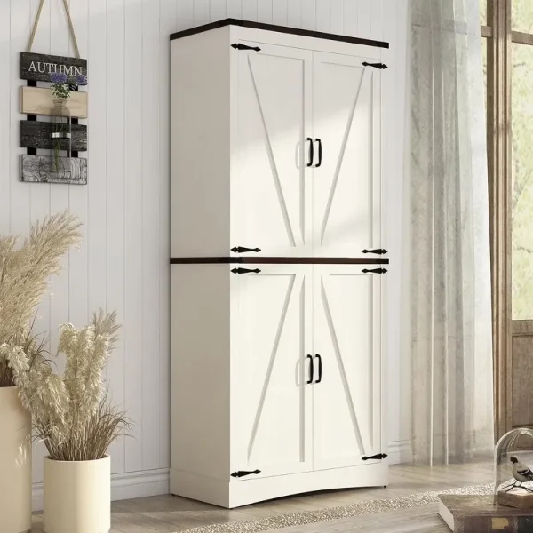 71" Tall Farmhouse Kitchen Pantry Cabinet, 5 Layers Storage Cabinet with Adjustable Shelves, Farmhouse Pantry Cabinet with 4 Barn Doors for Kitchen, Dining Room, Bathroom, Living Room, Rustic White