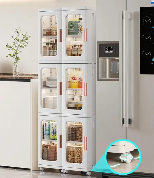 Slim Kitchen Pantry Storage Cabinet with Doors and Shelves, 3 - Tiers Plastic Narrow Storage Organizer Collapsible for Small Spaces, Bathroom, Living Room, Bedroom, White