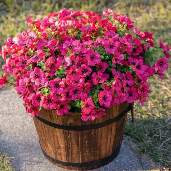 HyeFlora Artificial Faux Outdoor Plants Flowers, 12 Bundles Fake Hotpink Silk Daisy Eucalyptus UV Resistant Look Real for Planter Pot Window Outside
