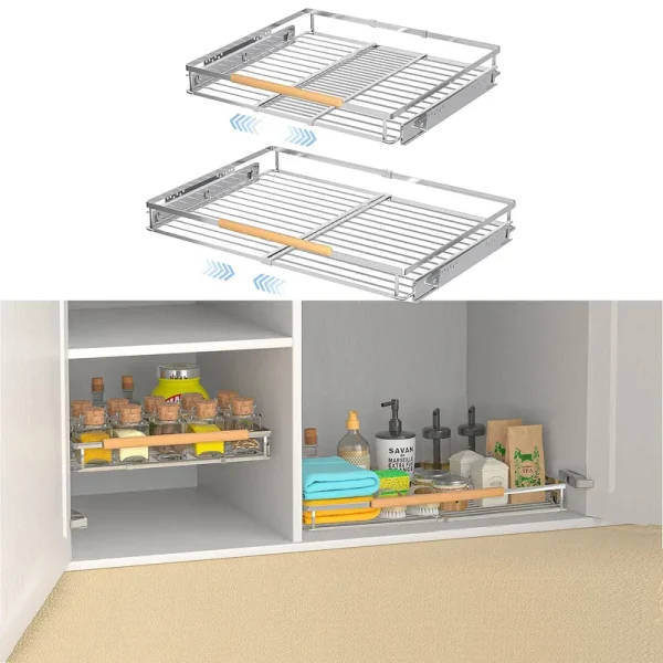 LOCVCDA 2 Pack Expandable Pull Out Cabinet Drawer Organizer, 16.3~26.3"W x 17"D Heavy Duty Cabinet Organizers and Storage,Expandable Width Cabinet Pull Out