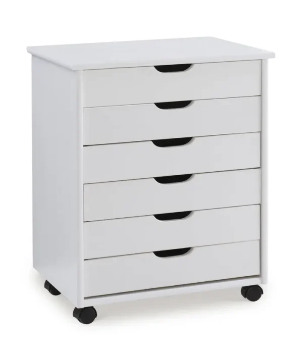 Linon Cary Six Drawer Wide Roll Cart, White