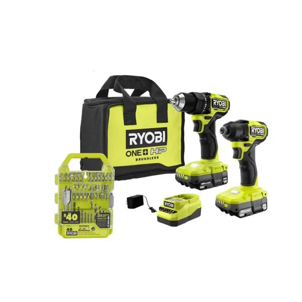 Ryobi PSBCK01K-A98401 One+ HP 18V Brushless Cordless Compact 2-Tool Combo Kit w/Drill, Impact Driver, Batteries, Charger, Bag, & 40pc Bit Set