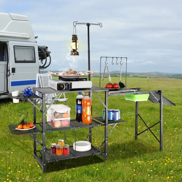 Camping Kitchen Table Folding Portable Cook Station Tables Shelves &A Sink