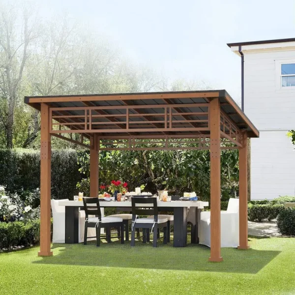 Chandler 10 ft. x 12 ft. Brown Cedar Wooden Gazebo Pavilion with Hard Top Iron Slope Roof Grill Gazebo