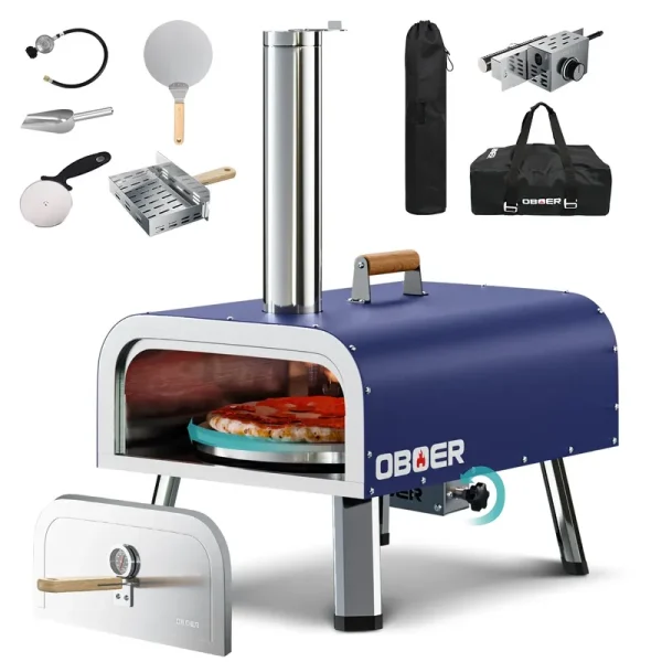 NAIZEA Outdoor Wood Fired Pizza Oven, Stainless Steel Pizza Grill, W/Complete Accessories & Pizza Bag for Outdoor Cooking (Blue)