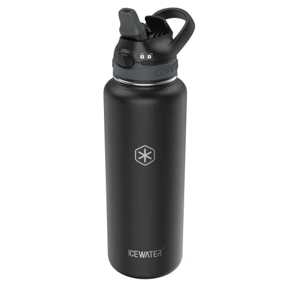 Icewater - 40 oz Insulated Water Bottle with Auto Straw Lid and Carry Handle Leakproof Lockable Lid with Soft Silicone Spout One-Hand Operation Vacuum