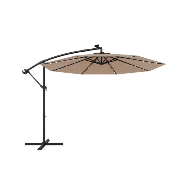 10 ft Patio Solar LED Offset Umbrella with 40 Lights and Cross Base-Tan