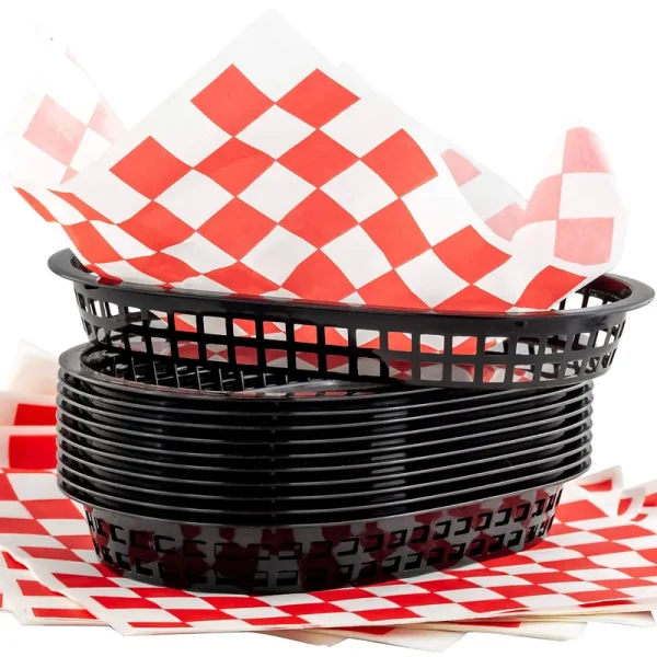 Retro Style Black Fast Food Basket (6 PK) and Red Checkered Deli Liner (60 PK) Combo. Classic 11 in Deli Baskets Are Microwavable and Dishwasher