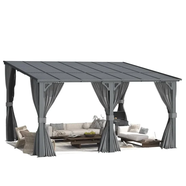AECOJOY 14'x12' Wall Gazebo with Curtains and Mosquito Netting, Gray