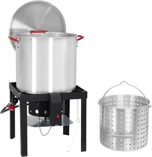 60 Qt Seafood Boiling Kit with Strainer, Outdoor Seafood Boil Pot and Basket with 110, 000 Btus Propane Jet Burner & Lifting Hook, 10 PSI Regulator