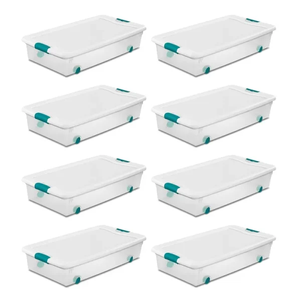 Sterilite 56 Quart Latching Stackable Wheeled Storage Container w/ Lid, (8 Pack)