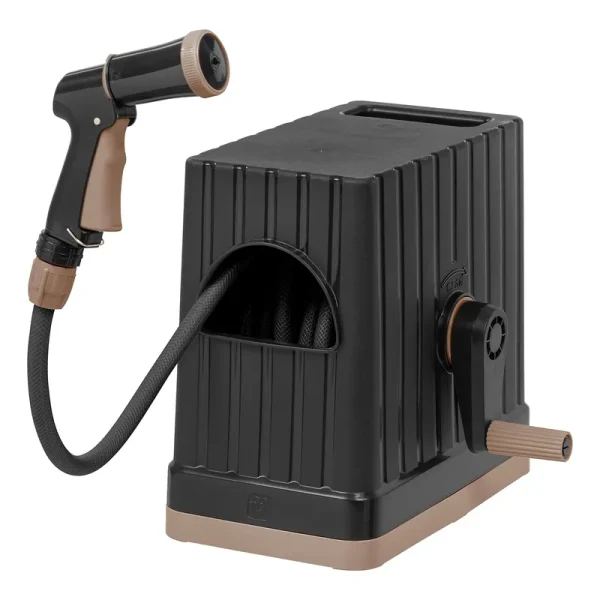 Iris USA Inc. 49.21 ft All-in-One Retractable Hose Reel with Garden Hose Nozzle and Hose Connector Black