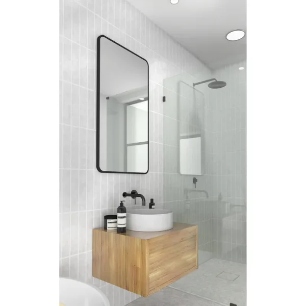 Glass Warehouse 22 in. W x 40 in. H Stainless Steel Framed Radius Corner Bathroom Vanity Mirror in Black