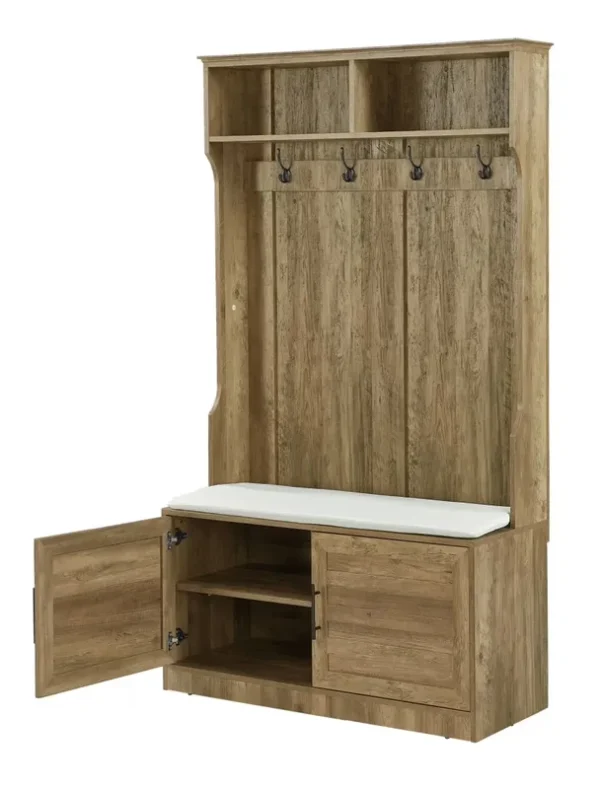 Entryway Hall Tree with Storage Bench, Wooden Coat Rack with Sponge Pad and 4 Dual Hooks, Storage Shelf Organizer with 2 - Door Cabinet for Entryway, Bedroom, Easy to Assemble