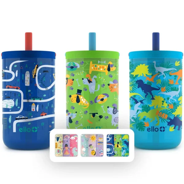Ello Kids Bop 12oz Tritan Tumbler with Screw-On Lids and Removable Straws 3 Pack (Cars, Dogs, and Dinosaurs)